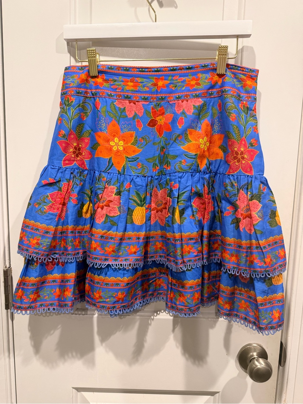 FARM Rio Blue Tropical Floral Tiered Mini Skirt | Medium | Vibrant Boho Resort